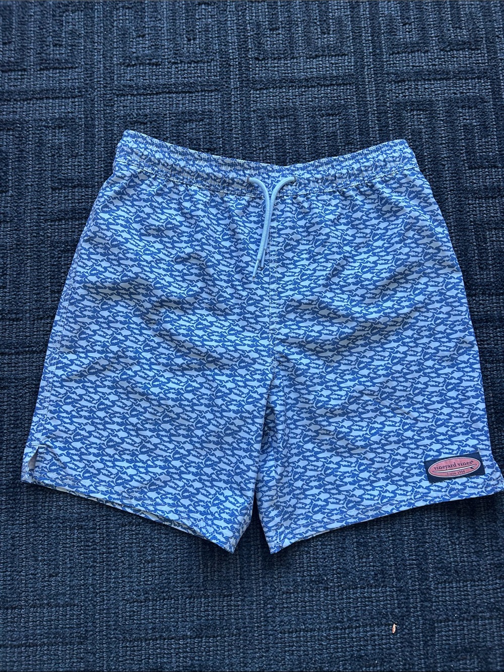 Vineyard Vines Blue Fish-Print Swim Trunks. Boys Size Large